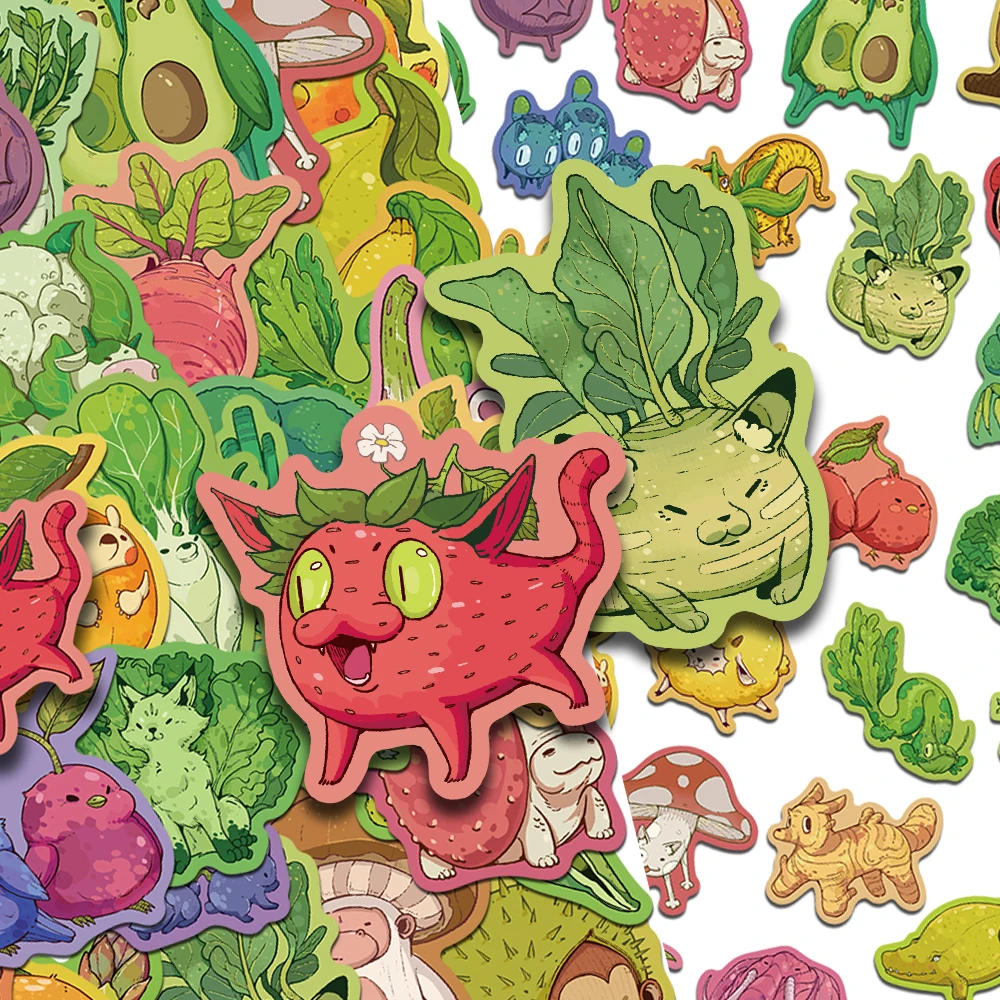 50pcs Funny Fruit & Vegetable Animals Stickers Decals For Bottle Laptop Scrapbook Suitcase Guitar DIY Cartoon Aesthetic Stickers