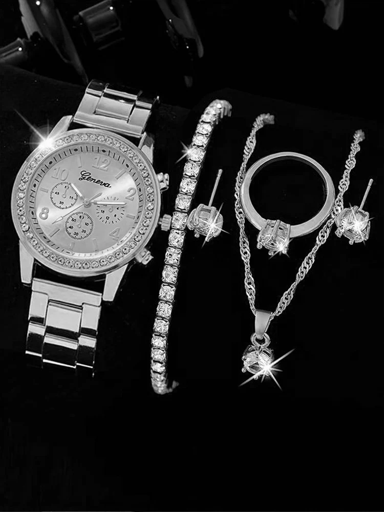 6pcs Fashionable and Versatile WOMEN'S Quartz Watch with Diamond Inlay Bracelet, Necklace, Earrings, Ring Set