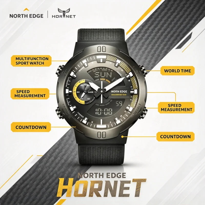 NORTH EDGE Men Digital Military Tactical Sports Wristwatch 50M Waterproof Swimming World Time Countdown Speed Measurement