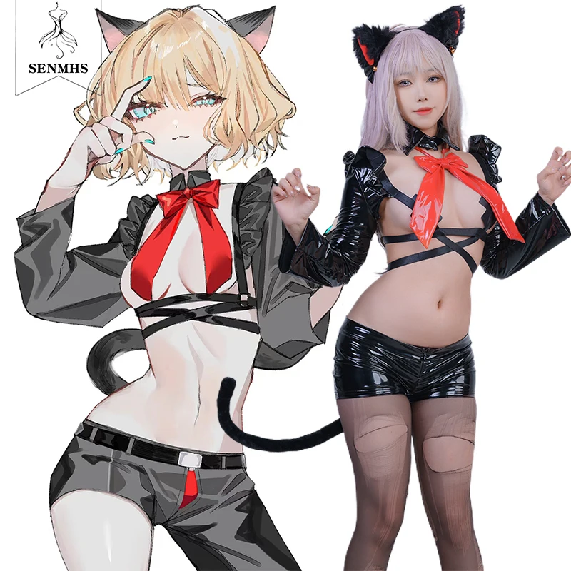 SENMHS Anime Cat Cosplay Sexy Training tentation Extreme Cat-like Devil Witch Vampire Demon PU Leather Costume Lingerie Set