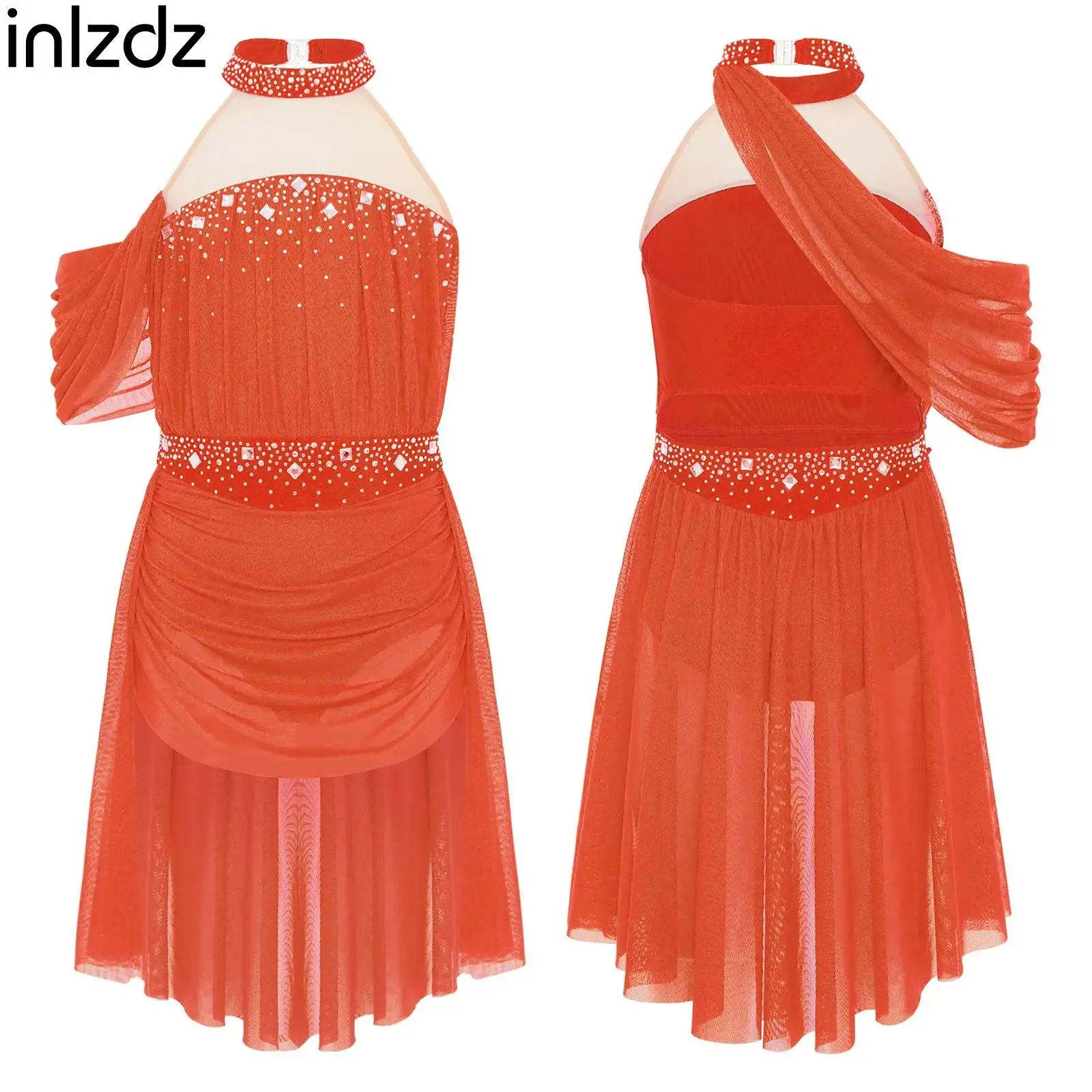 

Glittery Rhinestones Lyrical Modern Dance Dress Girls Halter Backless Ruched Mesh Drape Ballerina Dress for Performance Party