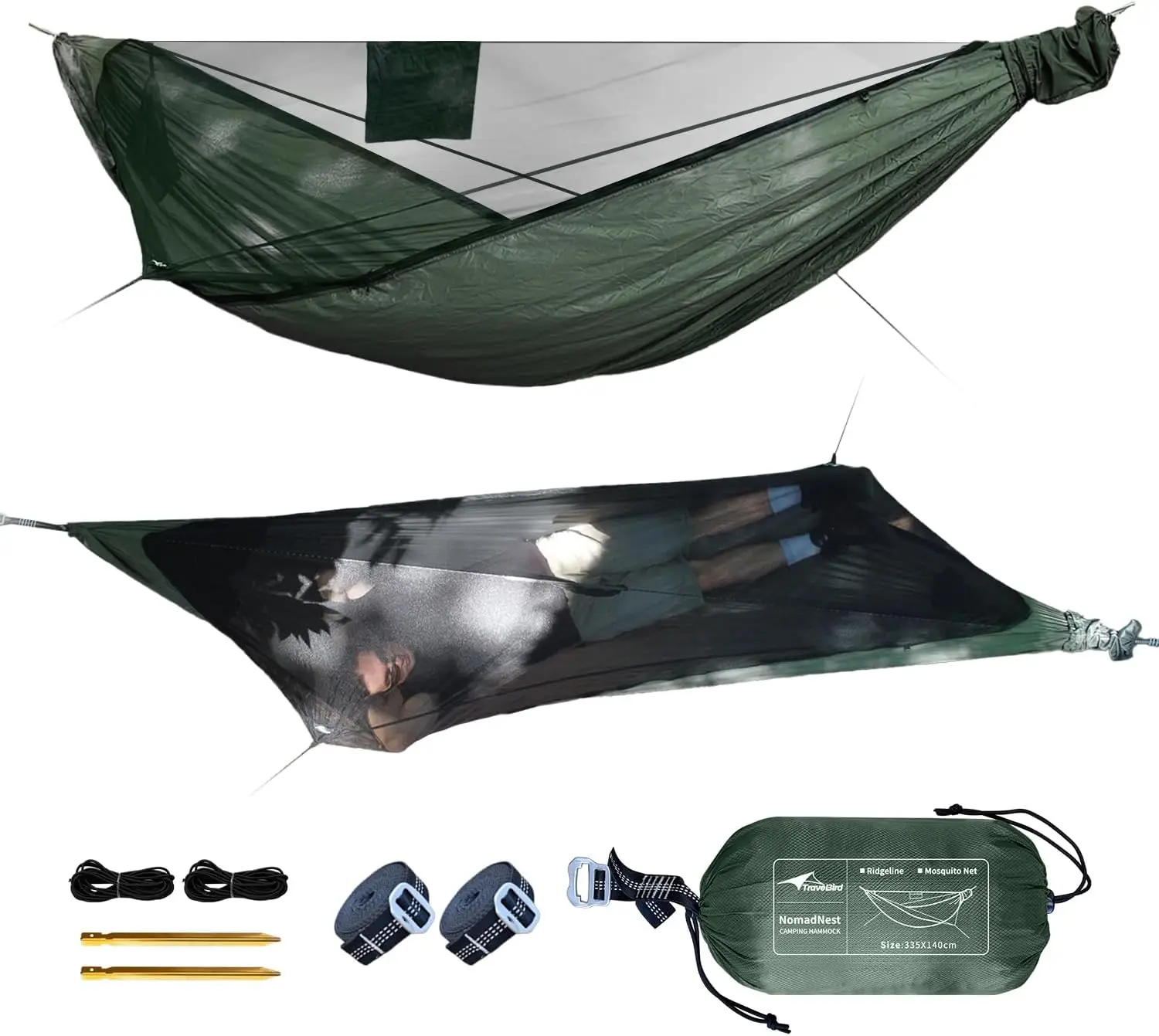 

11ft Camping Hammock with Detachable Mosquito Net, Lightweight Portable for Hiking Backpacking