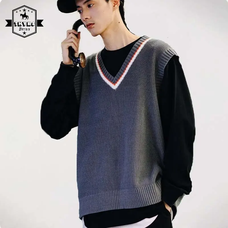 

Men's Japanese V-Neck Sweater Colorblock Vintage Pullover Causal Slim Knitted Sweaters Couple Jumper Unisex Tank Top Autumn