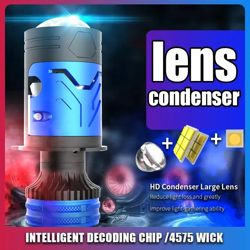 H4 LED Car Headlight Bulbs With Glass Projector Lens, Double Copper Tube CANBUS Decode, 4575 CSP Chip Super Bright 6500K With Tu
