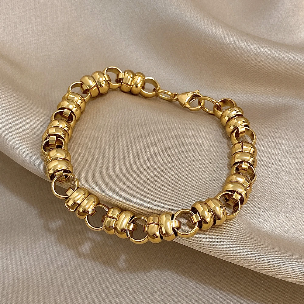 

DODOHAO Retro Waterproof Stainless Steel Bead Chain Bracelet for Women Classic Gold Color Irregular Charm Bracelet Punk Jewelry