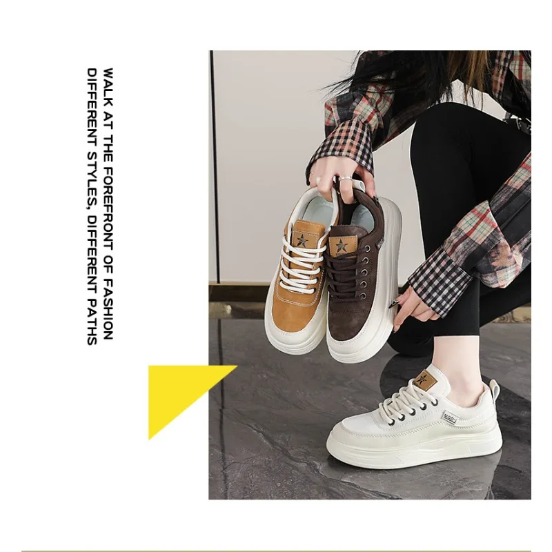 

Women White Brown Casual Board Shoes Soft Cushion Platform Sneakers Leather Lace-Up Versatile Student Trendy Streetwear Footwear