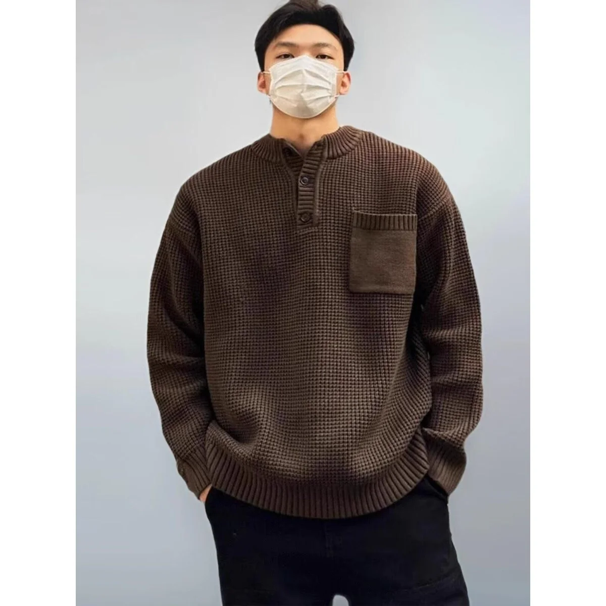 

Мужской свитер с воротником хенли, теплый, однотонный, базовый слой, с длинным рукавом, из полиэфирного волокна, осенне-зимний, в японском ретро-стиле