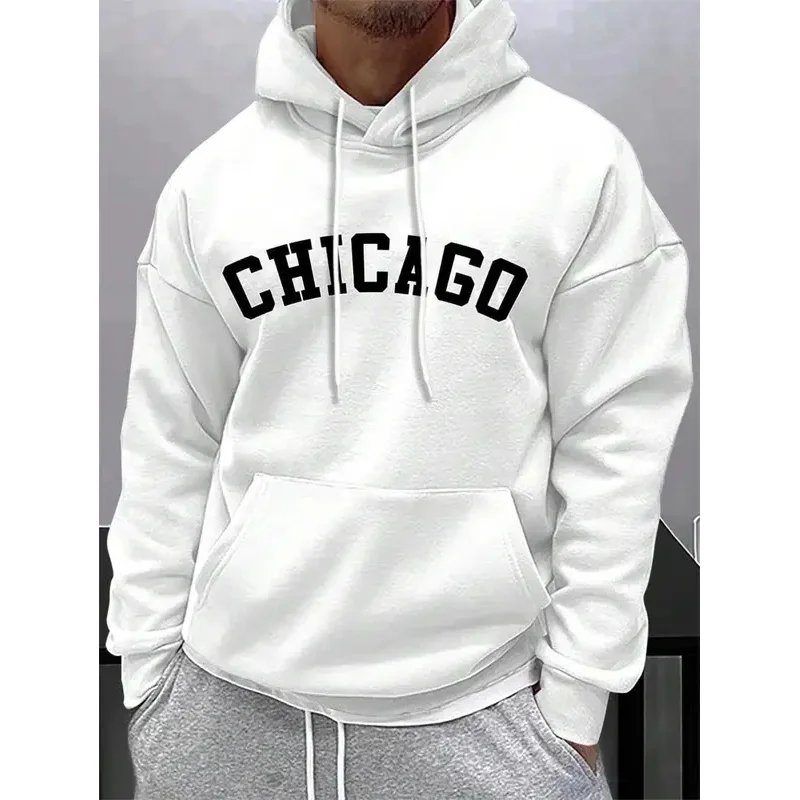 Street Letter Chicago Printing Hoodies Men Pocket Drawstring Pullovers Thermal Fleece Soft Sweatshirts Autumn Casual Clothes