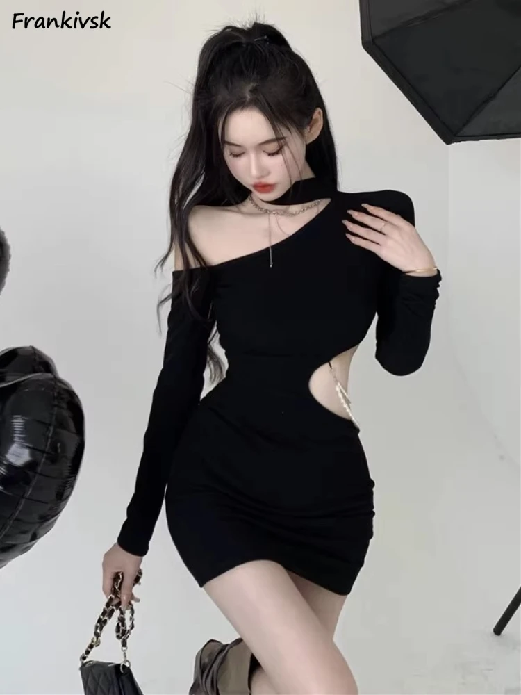 

Inclined Shoulder Dresses Women Korean Style Hollow Out Pearl Spring Long Sleeve Sexy Buttocks Wrapped Mini Advanced Popular