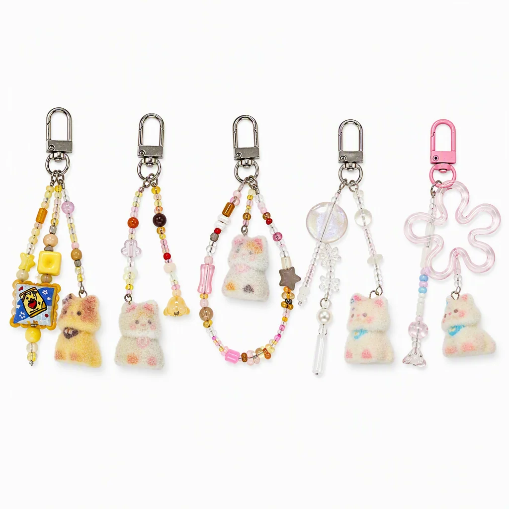 Kawaii Flocked Cat Bag Charm Handmade Beaded Keychain Cute Kitten Plush Doll Pendant for Handbag Backpack Airpods Car Girl Gift