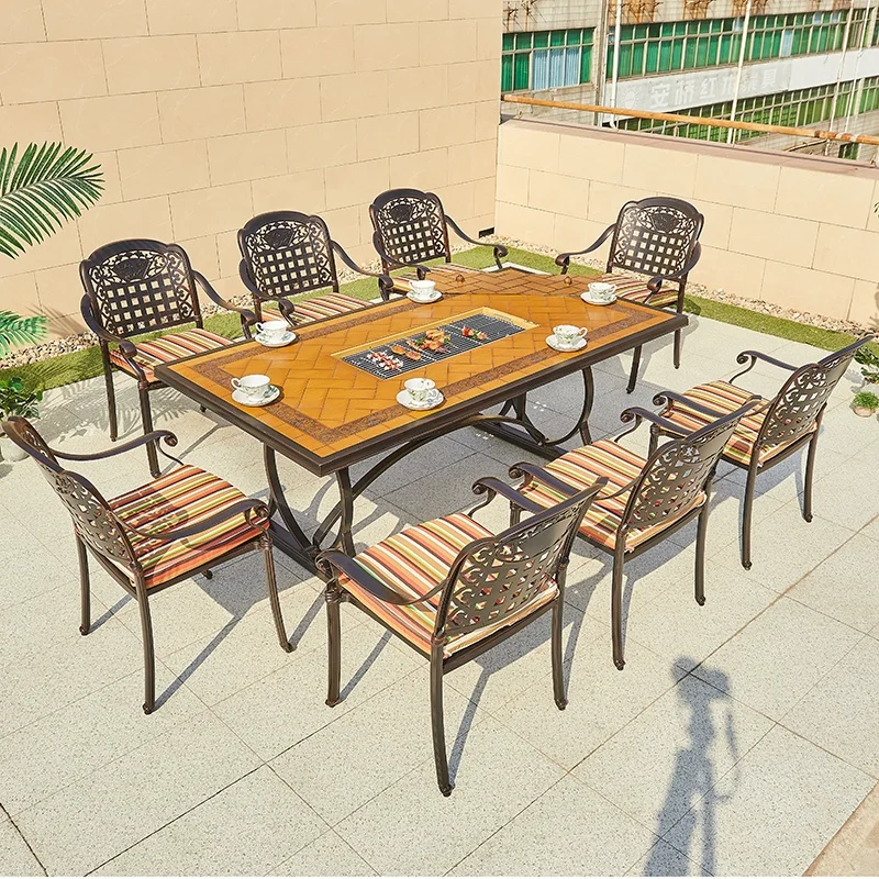 Garden Restaurant Cast Aluminum Rectangular BBQ Grill Table ,Charcoal Outdoor Patio Dining Table Set, 8 Seater Chairs