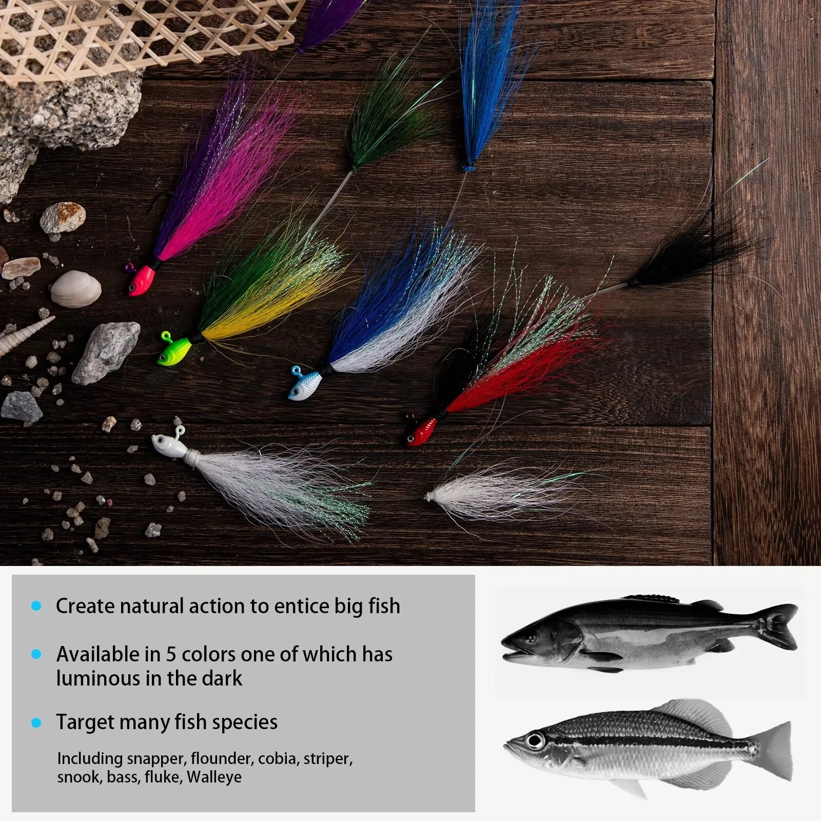 

Приманка Goture Bucktail Jig Lure с 3D-глазами, имитирующая оленьи волосы и перья, для джиггинга, для морской рыбалки на крупную рыбу, вес 7-56 г.