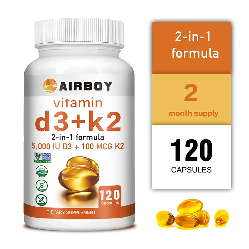 

Vitamin D3 + K2 Capsules - Help Regulate Calcium Metabolism Promote Bone Teeth and Skin Health Support Immunity