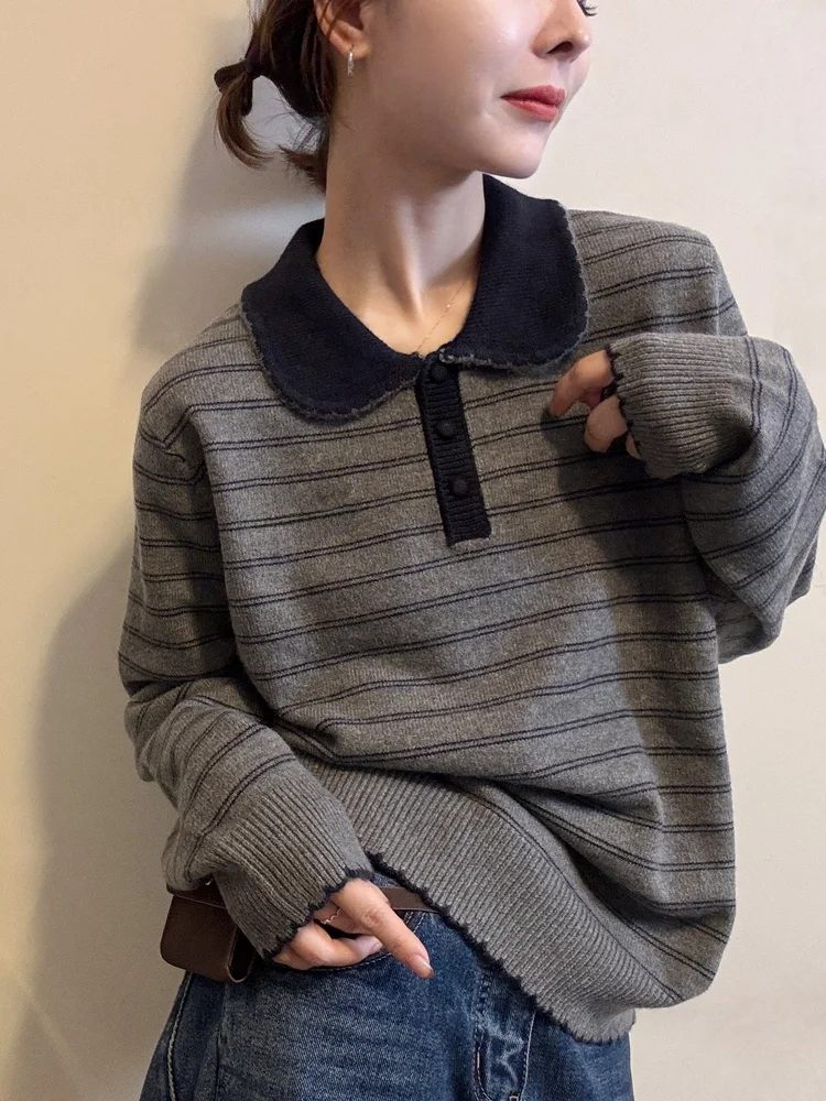 Maglieria coreana a righe con colletto a maniche lunghe da donna, maglione ampio e pigro, unico, per l'autunno inverno da indossare ogni giorno