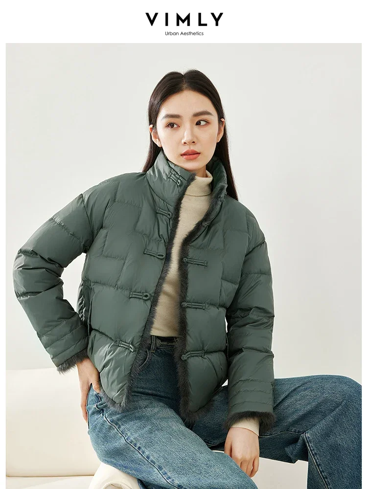 Vimly Women Short Puffer Down Jacket Stand Collar Warm Thick Winter Simple Coats Fashion Luxury Overcoat Ladies Clothing 50300