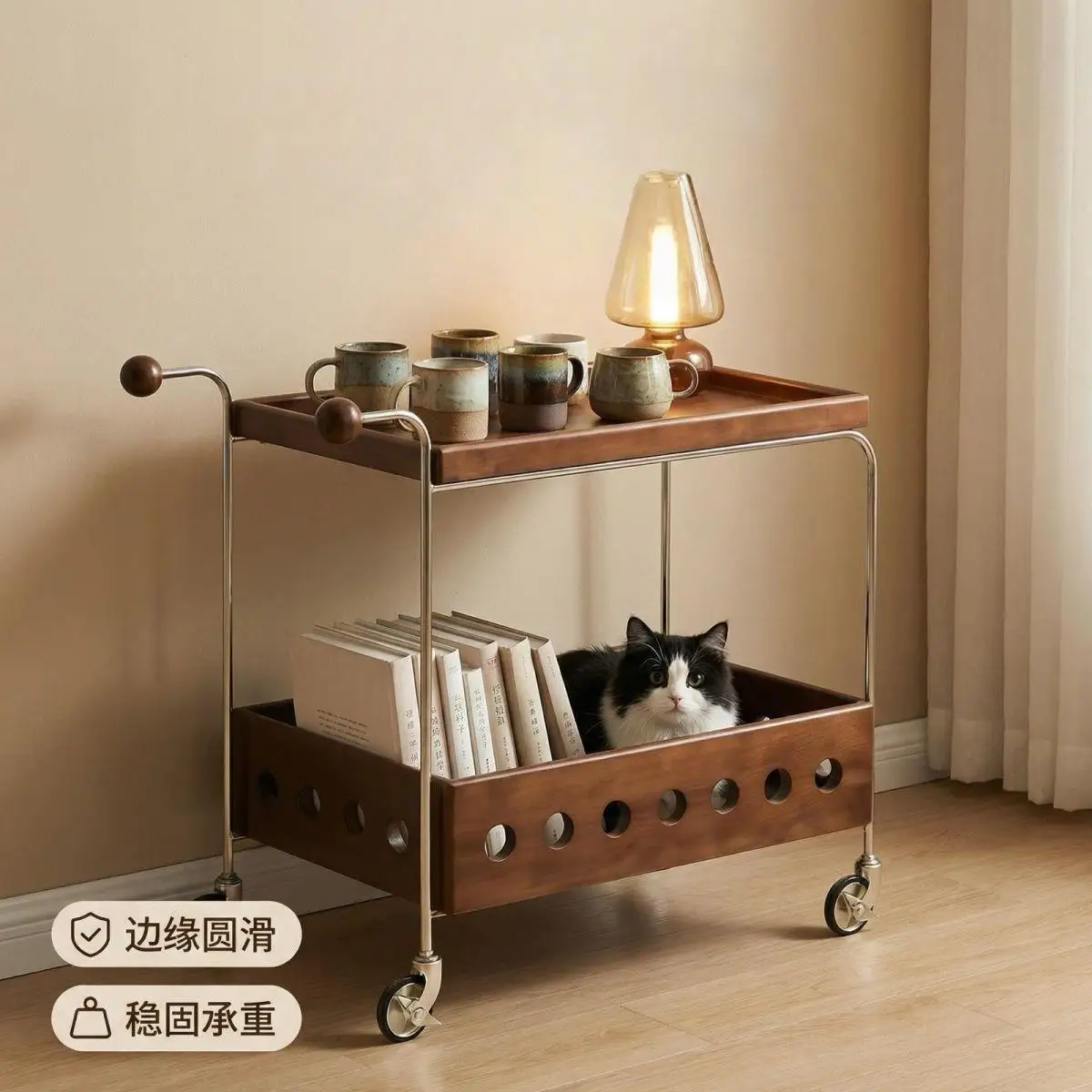 Movable side few medieval trolley living room sofa side cabinet medieval solid wood bedside rack