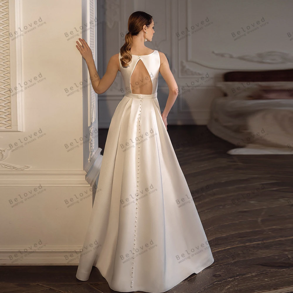 Vestidos de casamento simples cetim vestidos de noiva sem mangas sem costas roupões chá-comprimento elegante o-pescoço vestidos de novia personalizado 2025