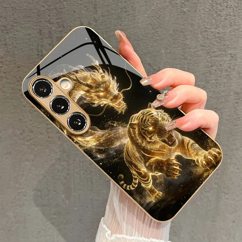 Dragon Tiger Leaping Pattern 2D Phone Case for Samsung S26 S25 S24 S23 S22 S21 S20 A56 A55 A36 16 Gold Glass Protective Cover view 2