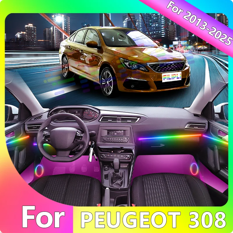 

FILIPLI для PEUGEOT 308 для 2013, многоцветный RGB голосовой контроль, автомобильный светодиодный светильник для настроения, киберпанк, синхронизация музыки, автомобильное окружающее освещение