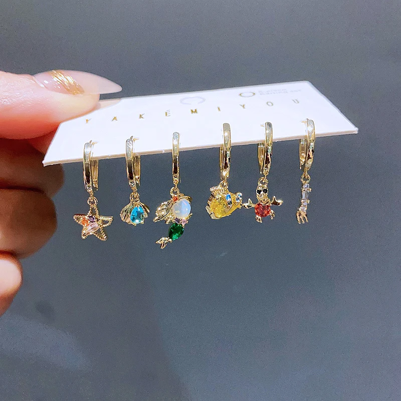 New Design Colorful Crystal Ocean Animal Mermaid Hoop Earrings Set for Women Gold Color Huggie Jewelry