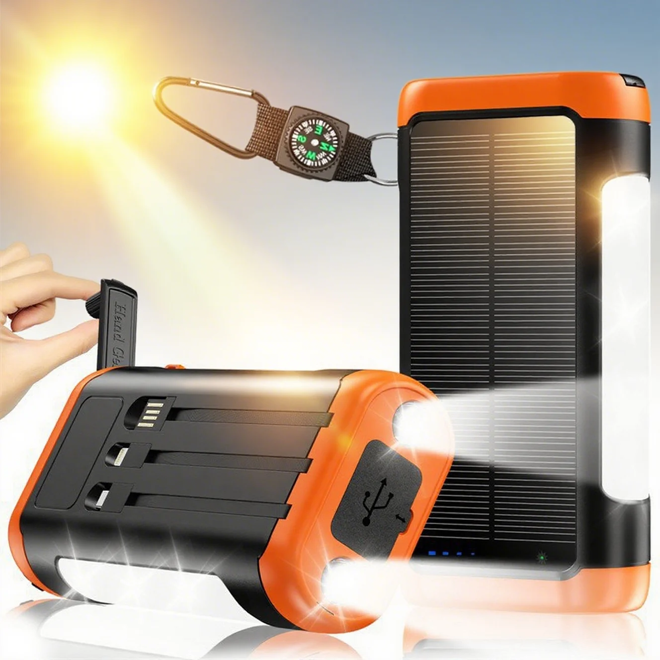 

20000mAh Hand Crank Solar Power Bank with Cable Camping Light Portable Charger Powerbank for iPhone 16 Samsung External Battery