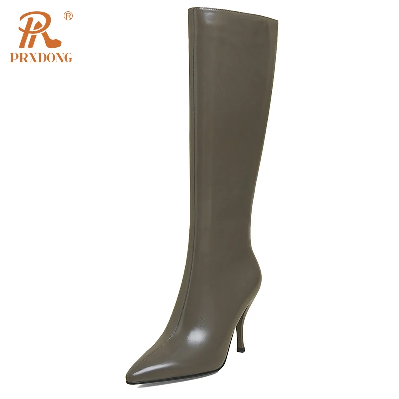 

PRXDONG New Sexy High Heels Pointed Toe Genuine Leather Women's Knee High Boots Black Gray Autumn Winter Dress Office Lady 34-39