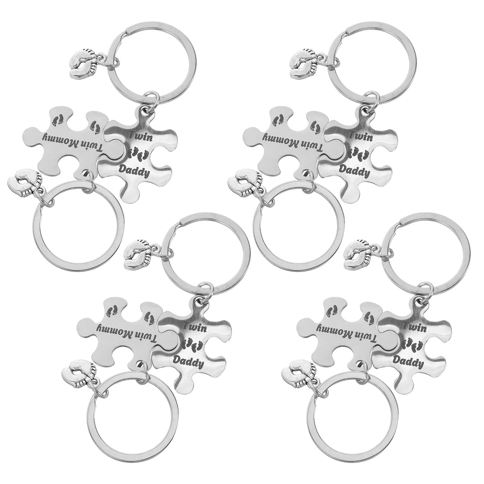4Set Twin Parents Puzzle Keychain Stainless Steel Key Ring Feet Jigsaw Family Keepsake Set Bag Charm Accessories