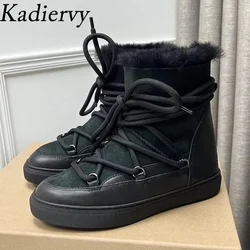 Winter Snow Boots Woman Round Toe Lace Up Short Boots Wool Warm Flat Shoes Women Cow Suede Patchwork Ankle Boots Women