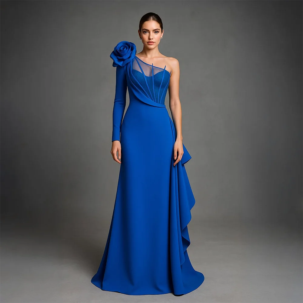 

Blue Formal Evening Dress Customized One Shoulder Flower Long Sleeves Party Dresses Pleat Floor Length Long Jersey Prom Gowns