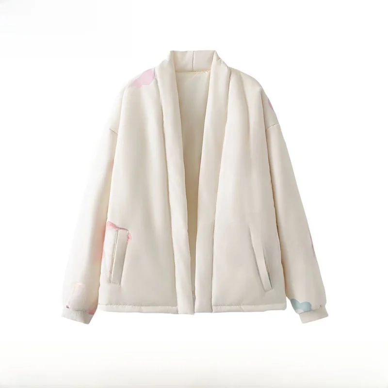 

Faionable Loose Casual Women's ort Jaet Cotton Outerwear New Autumn Winter Plants Floral Polyester Fiber Ladies Coat