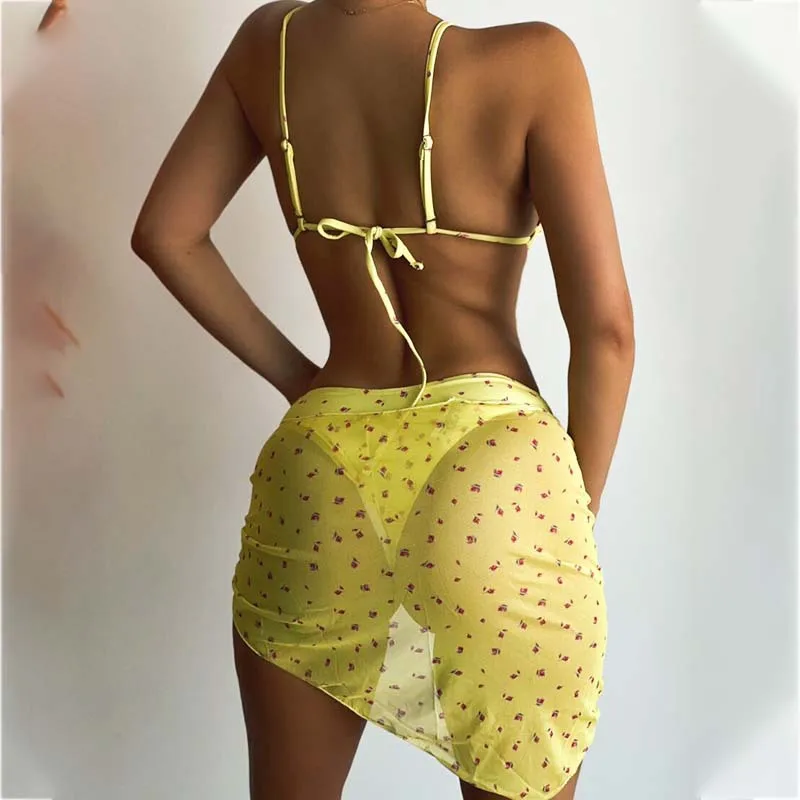 Maillot de bain 3 pièces Sexy pour femmes, couleur unie, ensemble Bikini, Cover-Up, jupe de plage, pour baigneurs, nouvelle collection 2026