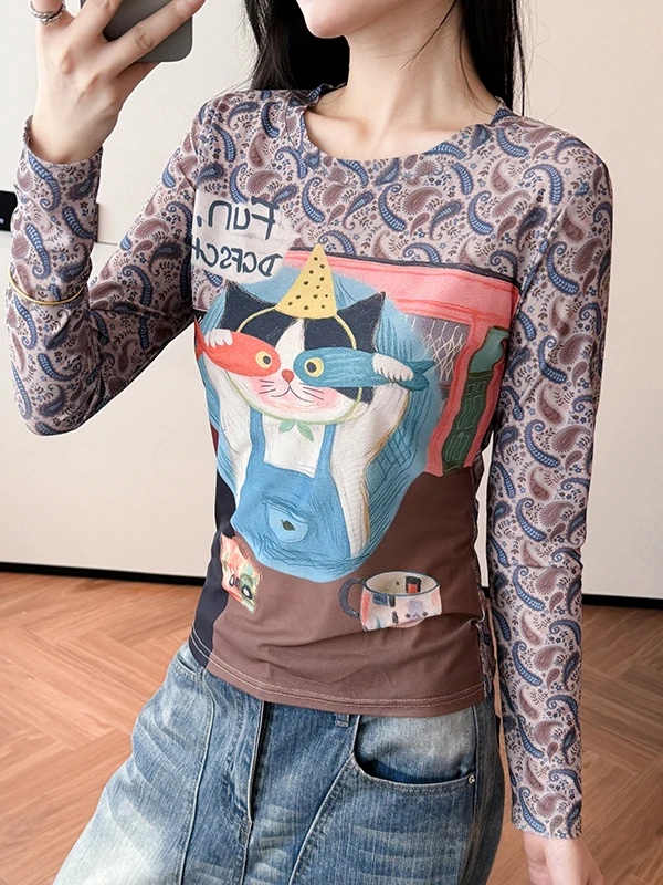 

Tie-Dye Me Base irt Women's Long Sve round Ne Slim Fit T-irt Korean Sle Commute Faion Early Autumn Inner Wear