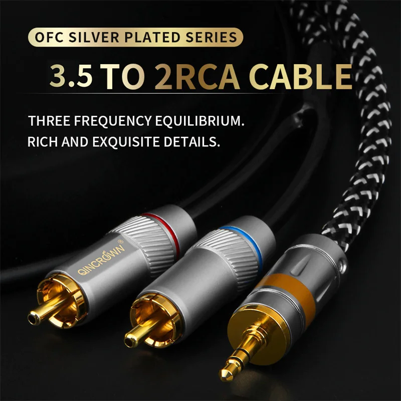 HIFI Pure Copper Silver Plated 3.5mm Jack to Two RCA Subwoofer Cable Mobilephone PC Speaker Audio Cables Power Amplifier Line