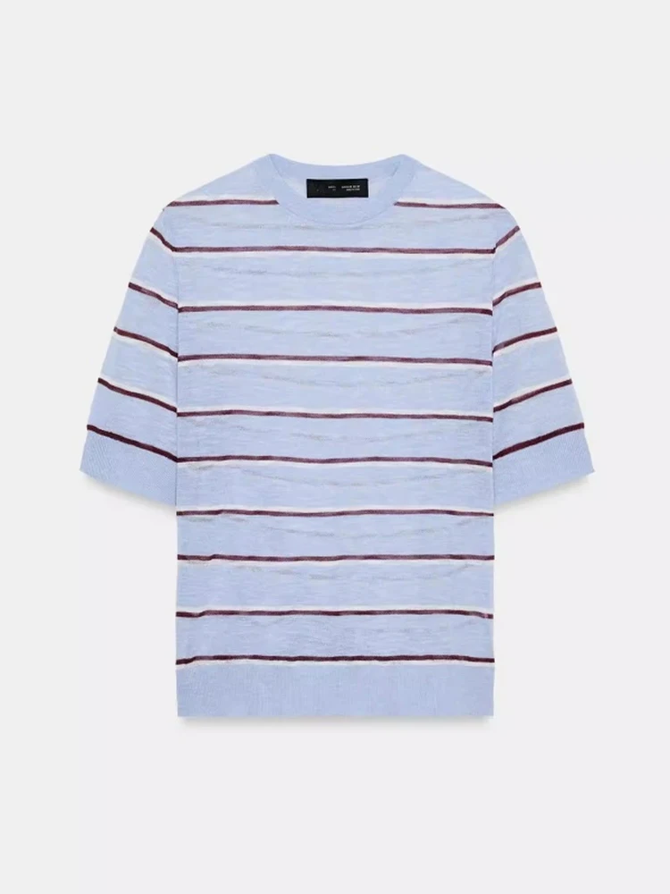 

Spring 2026 Women's Sweet Sle Knitted ort Sve round Ne Striped Top Ultra Fine Needle New Arrival Polyester Fiber