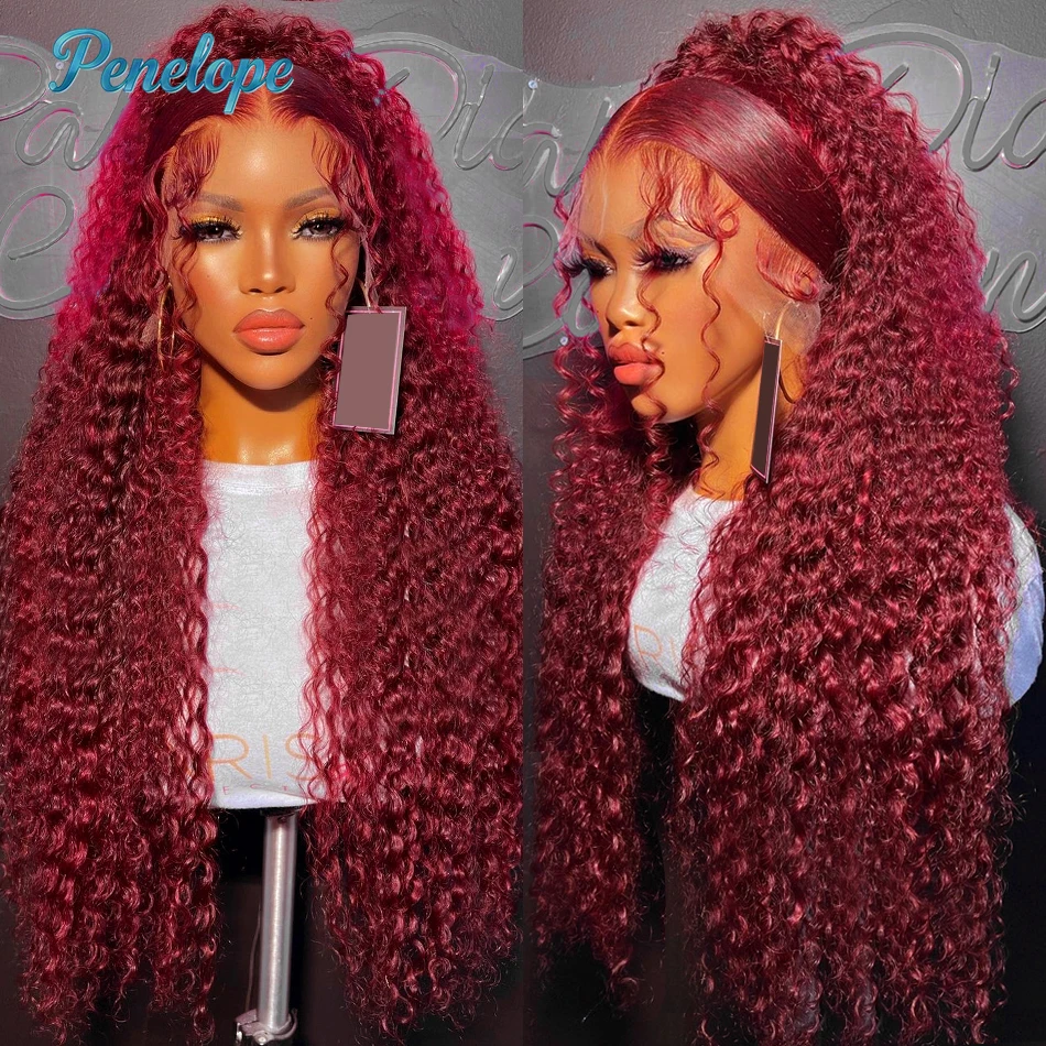 

Парик из натуральных волос 220 Density 99J Burgundy, 13x6 HD Lace Frontal, предварительно прорезанный, окрашенный, бразильский, глубокая волна, кудрявый