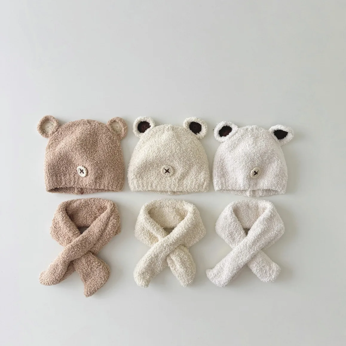 5-28 Months Baby Hat Cute Bear Super Cute Ins Scarf Set Baby Children Warm Plush Scarfs for boys and girls Wholesale