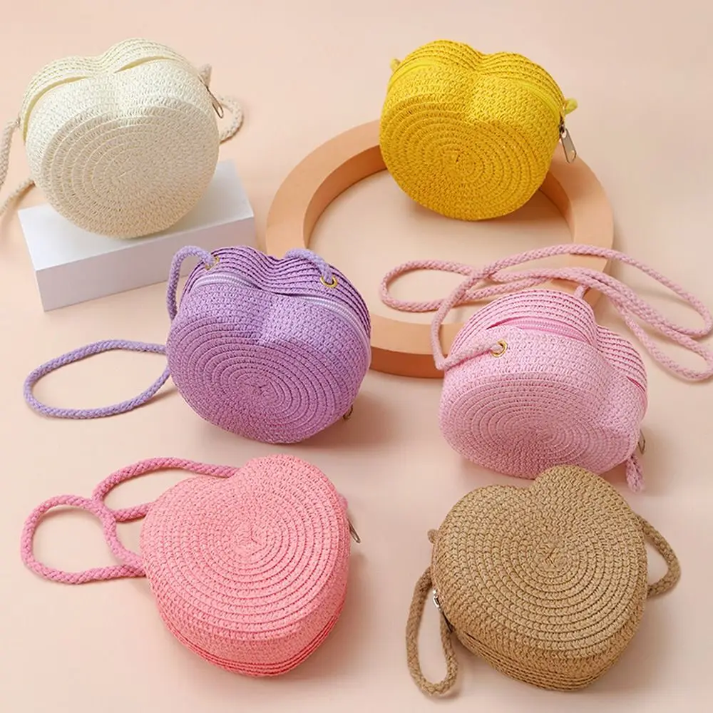 High Quality Woven Straw Shoulder Bags Heart Shape Travel Coin Purse Cute Creative Crossbody Bag for Children