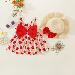 Summer (0-3) Baby Girl Dress Set 2/Piece Set Baby Girl Strawberry Printed Large Bow Strap Princess Dress+Hat