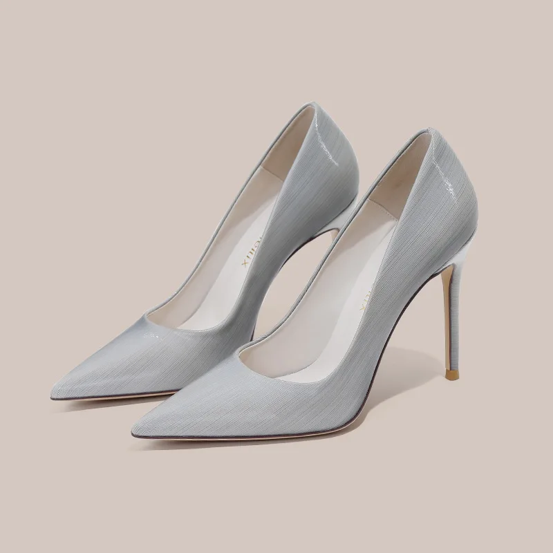 

Brushed silver grey patent leather high heels for women 2025 new French pointed thin heels shallow mouth commuting work shoes