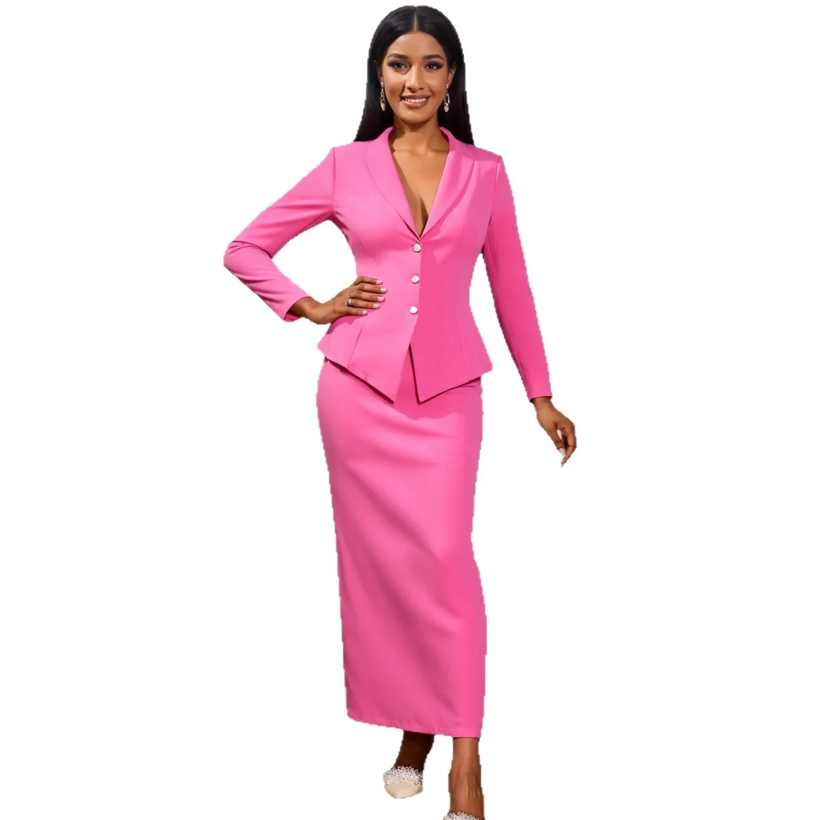 

2 Piece Sets Women Outfits Pink Peplum Blazer Fitted Skirt Set with Button Detail Perfect for Office Meetings or Business Events