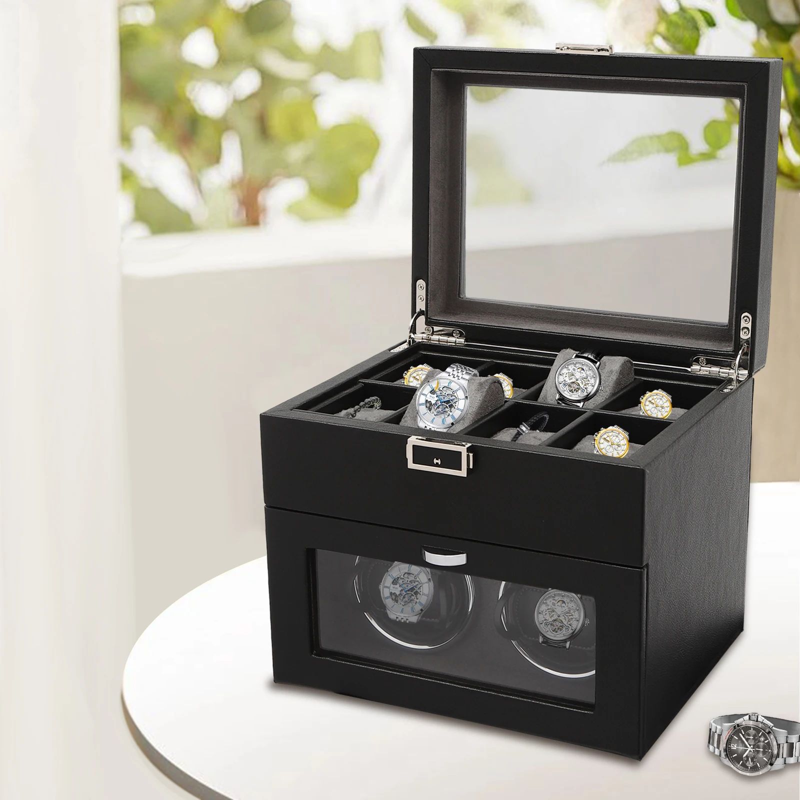 

Automatic Watch Winding Box, With 2 Winding Spaces & 8 Storage Spaces, LED Lights, Adjustable Pillows and Adapters US/EU