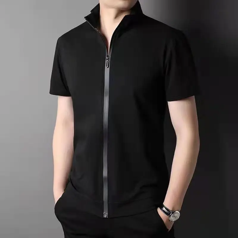 Summer Handsome Lightweight Comfortable Breathable Short Sleeve Cardigan Men's Solid Hooded Stand Collar Zipper Casual Trend Top