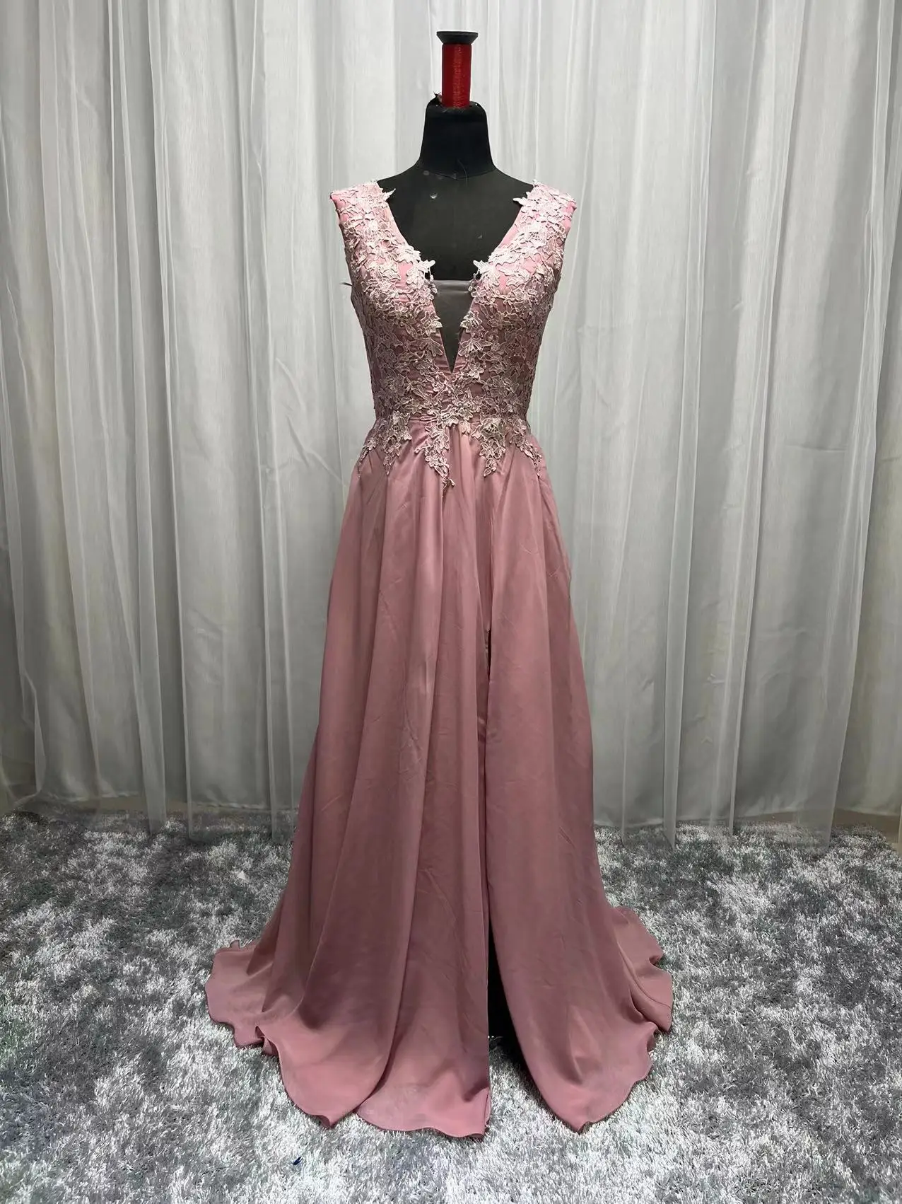 Vestido de gasa de talla grande para mujer, vestidos de noche de fiesta a medida, con cuello de pico, de encaje, Rosa polvoriento, Sexy, 2022