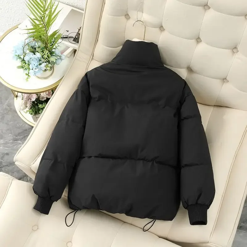 Korean Short Woman Padded Cotton Jacket Lapel Drawstring Waist Solid Warm Coat Winter Loose Thicked Magnanimity Lady Outwear