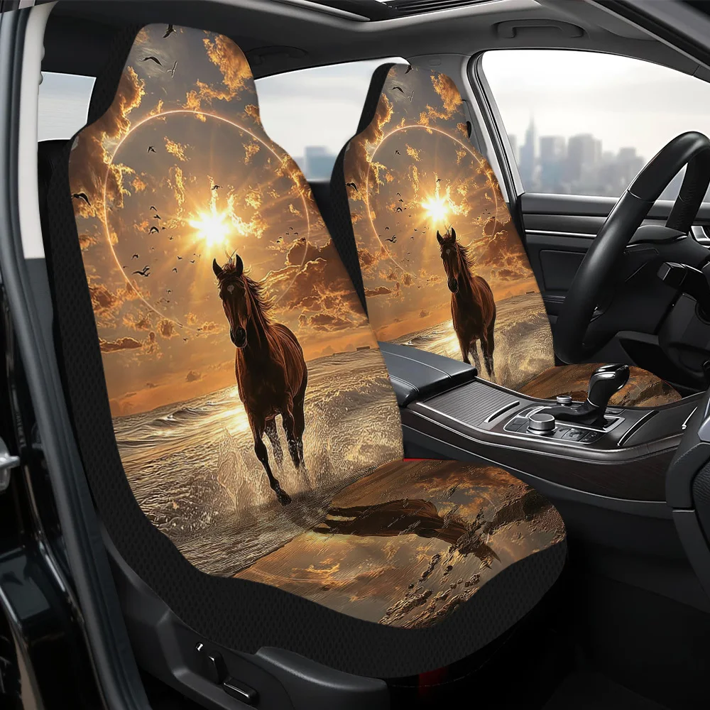 2pcs, Sunset Horse Gallop Themed Decorative Car Seat Covers, Universal Washable Fabric, Adds Personality And Modern Fashion Upgr