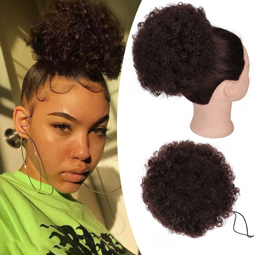 Synthetic Afro Puff Drawstring Ponytail Hair Bun 8 Inch Short Afro Kinkys Curly Afro Bun Extension Hairpieces Large Size