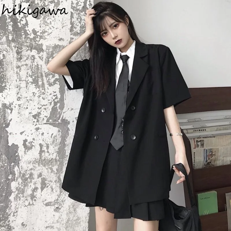 Black Blazer Mujer De Moda 2024 Summer Thin Harajuku Jackets Short Sleeve Double-breasted Oversized Tops Fashion Casual Coat