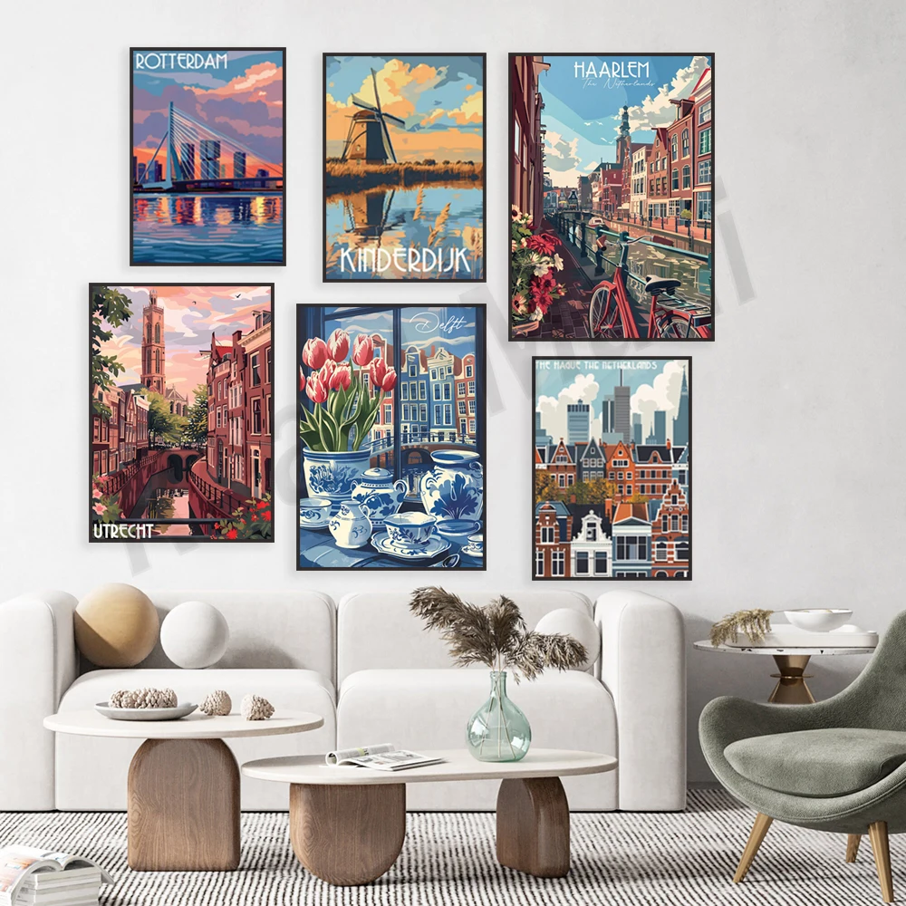 Utrecht, tulip fields, Keukenhof Gardens, Amsterdam canals, Volendam, Rotterdam, Delft, Kinderdijk Netherlands travel poster