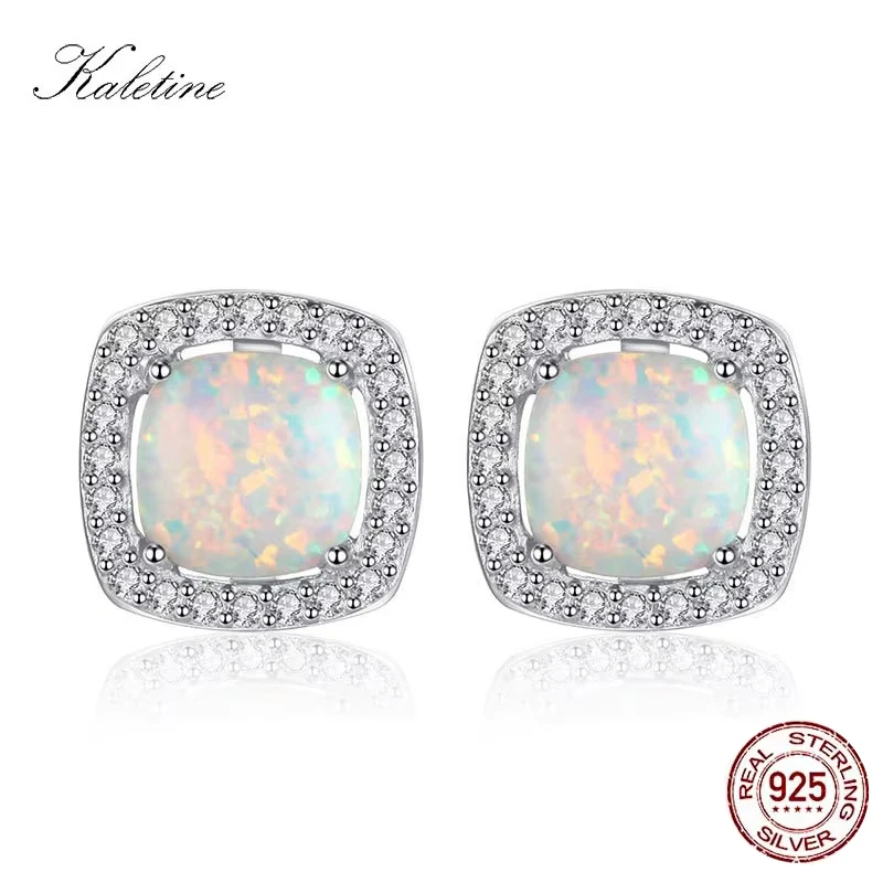 KALETINE Solid 925 Sterling Silver Earrings For Women Square Opal Jewelry Stud Earrings Fashion Jewelry Gift KLTE045