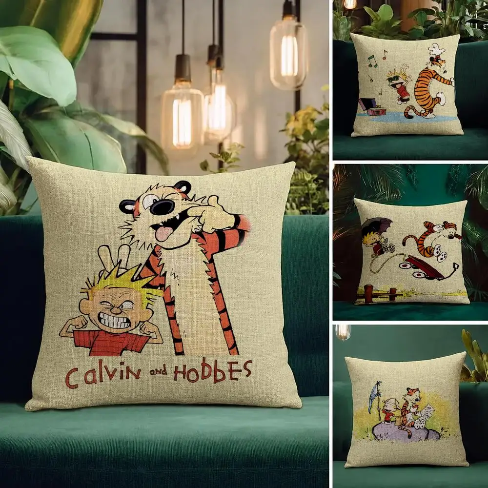 Comic Calvin and Hobbes Cushion Cover Natural Linen Pillowcase Set Cushion Cover for Sofa Bedroom Chair